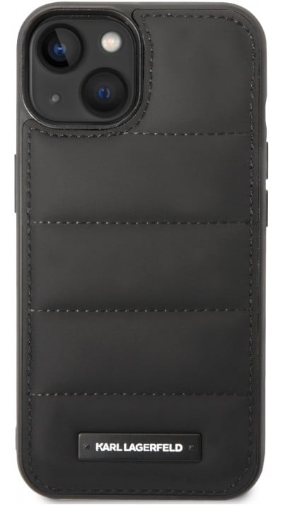 Coque iPhone 15 Pro - Karl style puffy matelassé bords en silicone soft touch et logo métallique - Noir