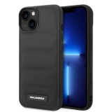 iPhone 15 Pro Case Hülle - Karl Stil gesteppter Puffy Soft-Touch-Silikonkanten und Metall-Logo - Schwarz