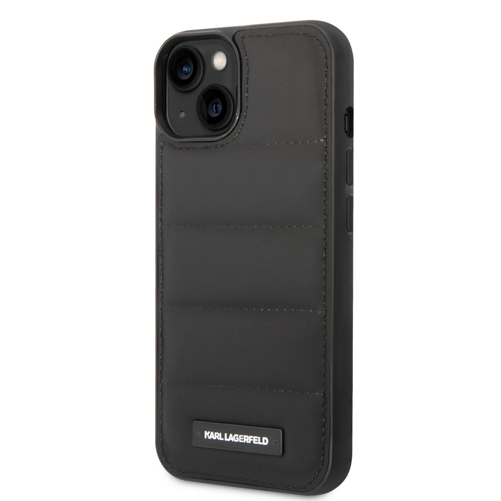 Coque iPhone 15 Pro Max - Karl style puffy matelassé bords en silicone soft touch et logo métallique - Noir