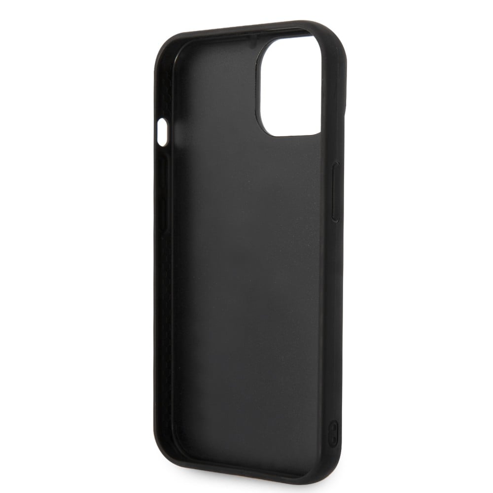 iPhone 15 Pro Case Hülle - Karl Stil gesteppter Puffy Soft-Touch-Silikonkanten und Metall-Logo - Schwarz