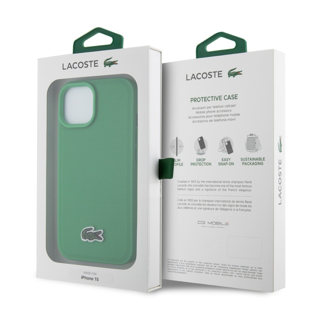 Coque iPhone 15 - Lacoste effet Petit Piqué avec MagSafe et patch logo brodé - Vert