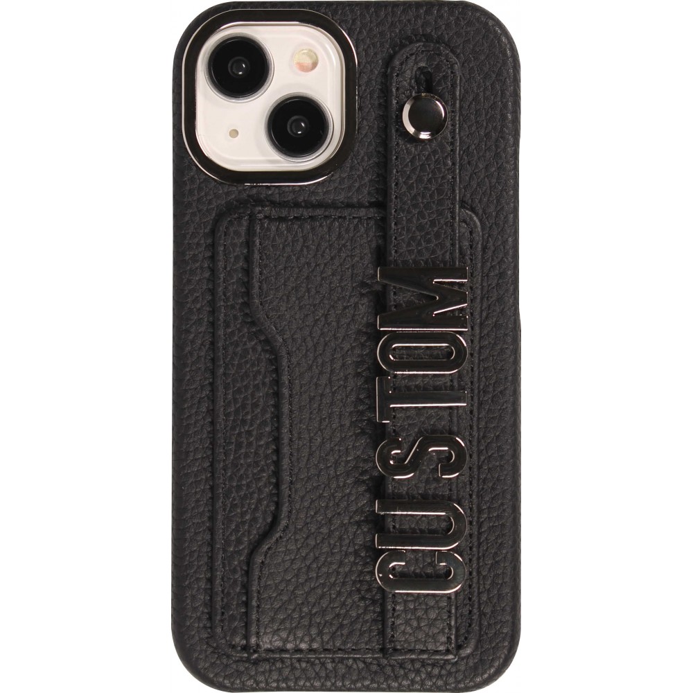 Coque iPhone 15 - Personnalisée cuir sur mesure avec lettrage argent + lanière et compartiment carte - Noir