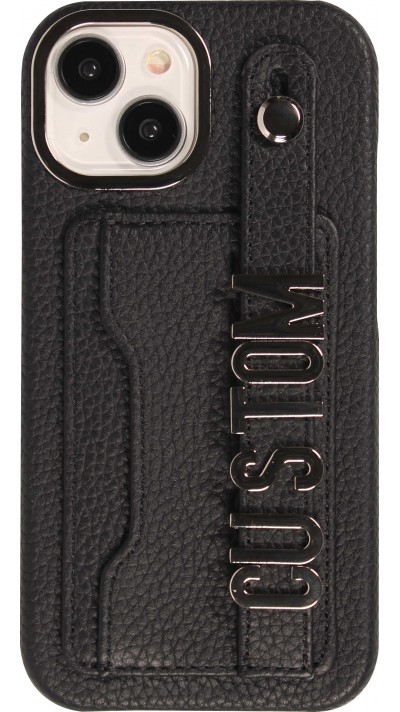 iPhone 15 Case Hülle - Individuell angefertigte Lederhülle mit silbernem Schriftzug + Lanyard und Kartenfach - Schwarz