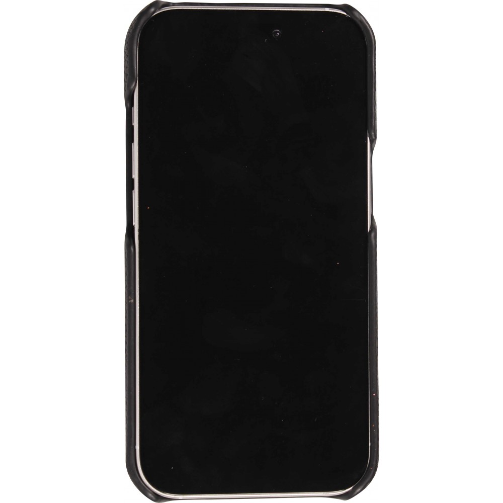iPhone 15 Case Hülle - Individuell angefertigte Lederhülle mit silbernem Schriftzug + Lanyard und Kartenfach - Schwarz