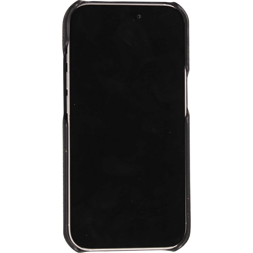 Coque iPhone 15 - Personnalisée cuir sur mesure avec lettrage argent + lanière et compartiment carte - Noir