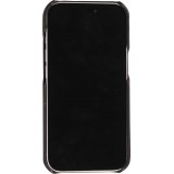 Coque iPhone 15 - Personnalisée cuir sur mesure avec lettrage argent + lanière et compartiment carte - Noir