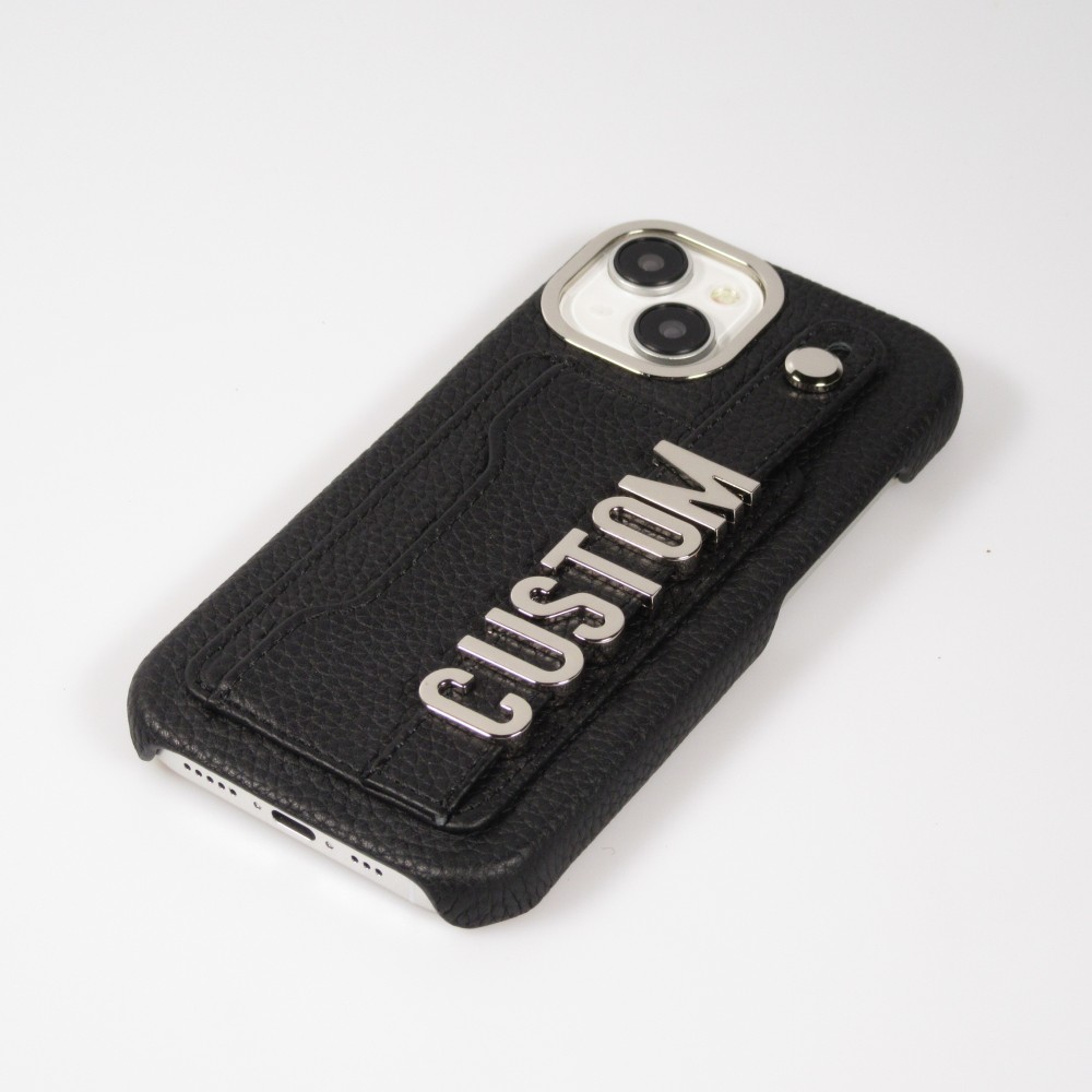 iPhone 15 Case Hülle - Individuell angefertigte Lederhülle mit silbernem Schriftzug + Lanyard und Kartenfach - Schwarz