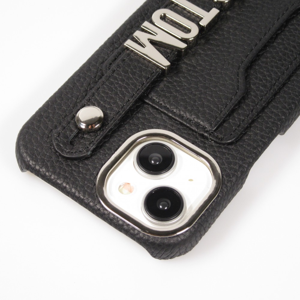 iPhone 15 Case Hülle - Individuell angefertigte Lederhülle mit silbernem Schriftzug + Lanyard und Kartenfach - Schwarz
