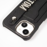 iPhone 15 Case Hülle - Individuell angefertigte Lederhülle mit silbernem Schriftzug + Lanyard und Kartenfach - Schwarz