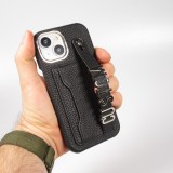 iPhone 15 Case Hülle - Individuell angefertigte Lederhülle mit silbernem Schriftzug + Lanyard und Kartenfach - Schwarz