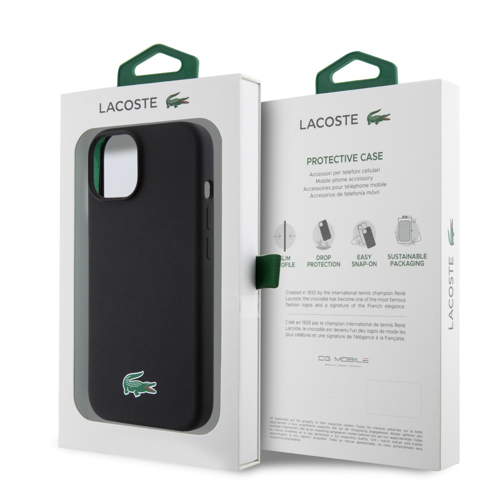 Coque iPhone 15 - Lacoste silicone soft touch Magsafe - Noir