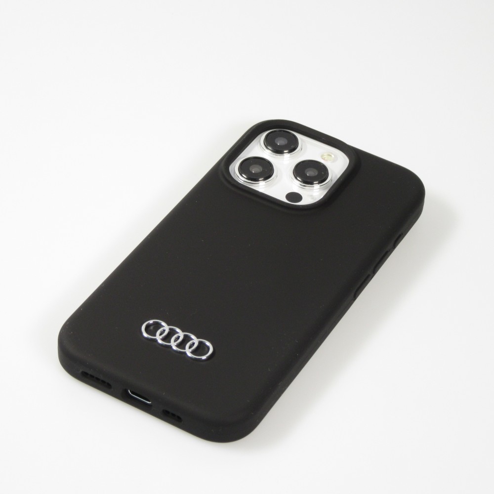 Coque iPhone 15 Pro - Audi silicone Soft Touch avec logo métallique - Noir