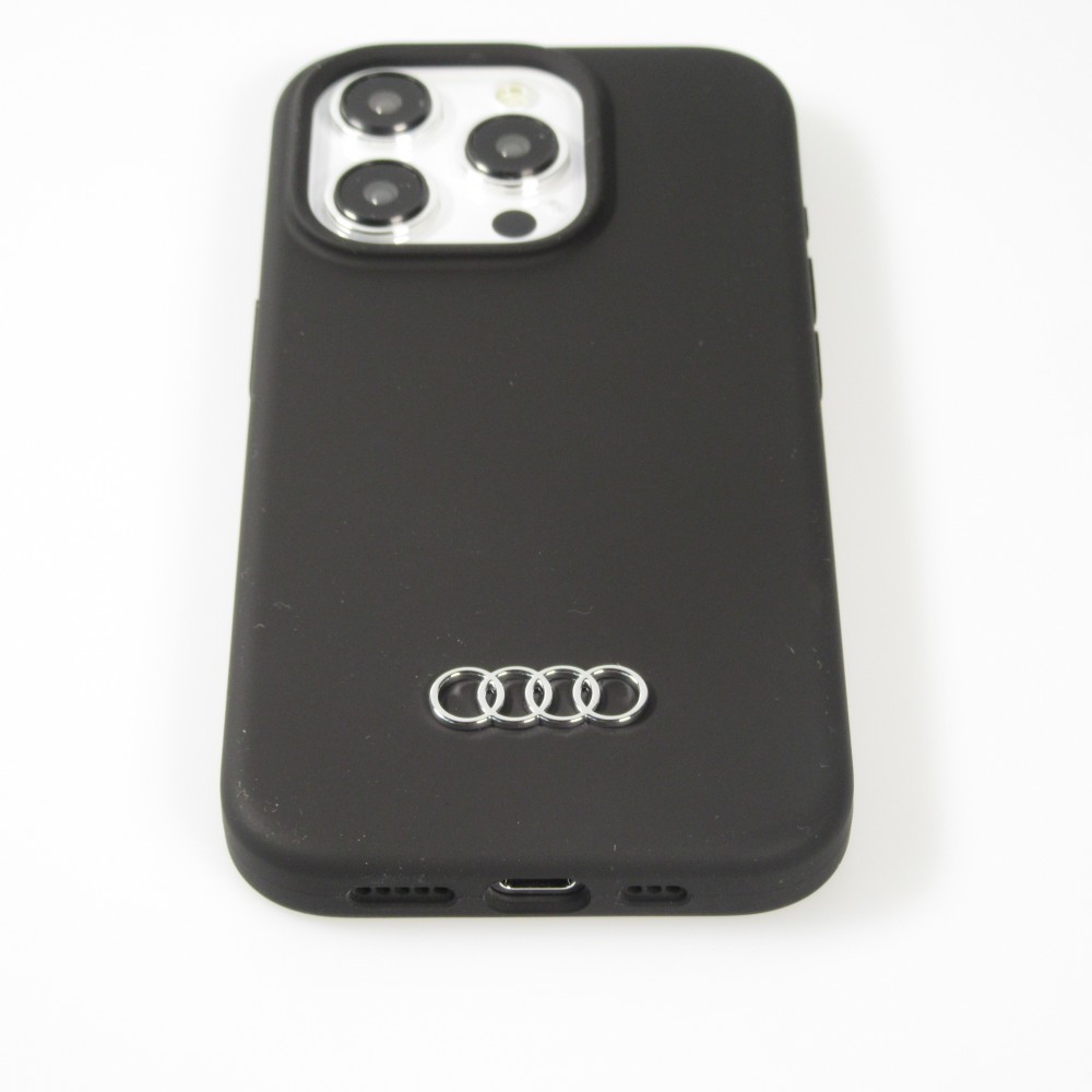 Coque iPhone 15 Pro - Audi silicone Soft Touch avec logo métallique - Noir