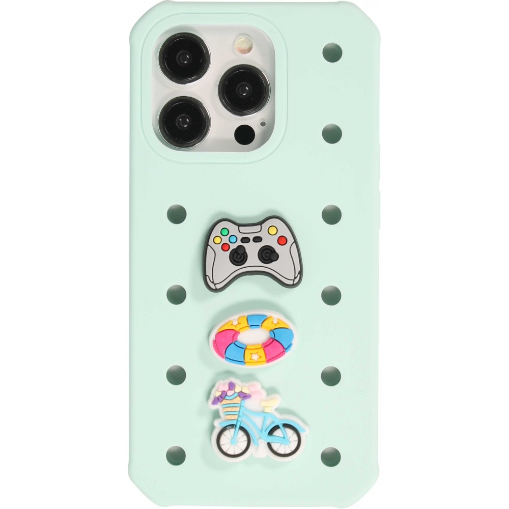 Coque iPhone 15 Pro - Case épais en silicone avec des trous pour les stickers à fixer - Turquoise