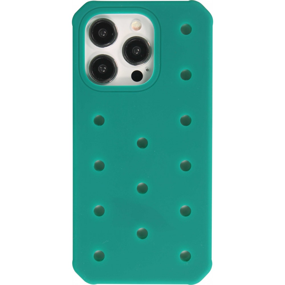 Coque iPhone 15 Pro - Case épais en silicone avec des trous pour les stickers à fixer - Vert foncé
