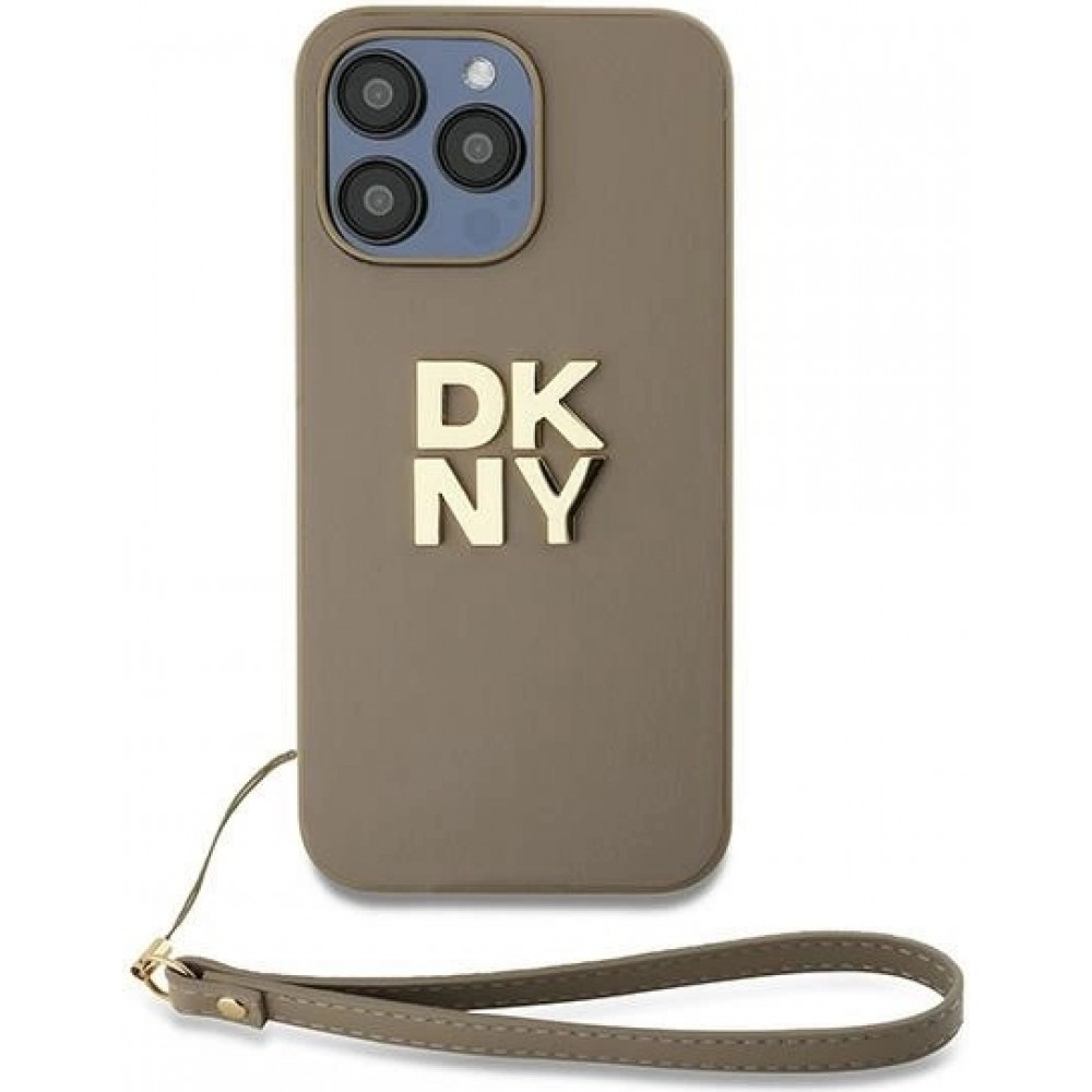 Coque iPhone 15 Pro - DKNY avec bracelet détachable et logo doré - Beige