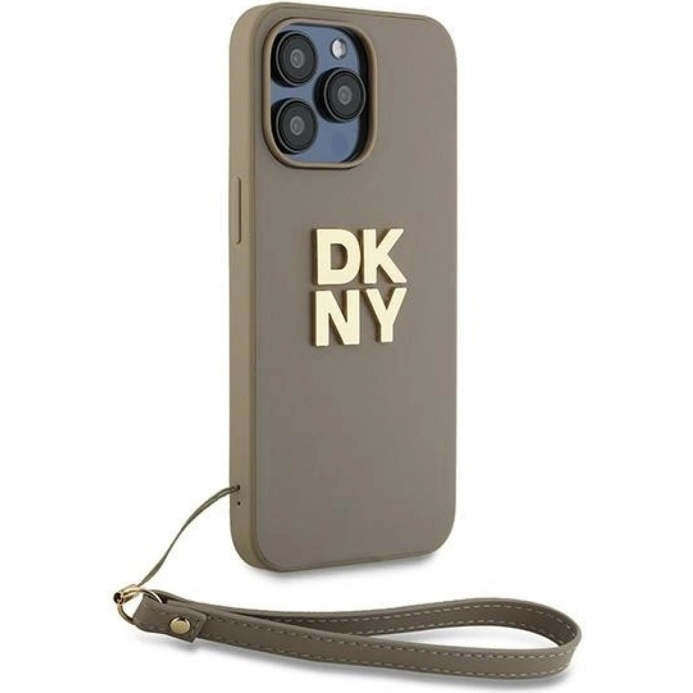 Coque iPhone 15 Pro - DKNY avec bracelet détachable et logo doré - Beige