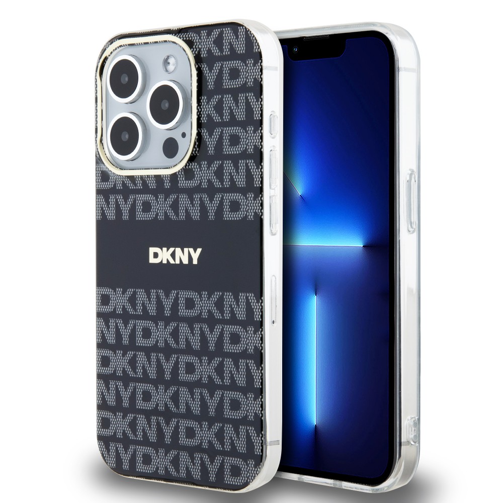 Coque iPhone 15 Pro - DKNY silicone lisse avec logo doré compatible MagSafe - Noir
