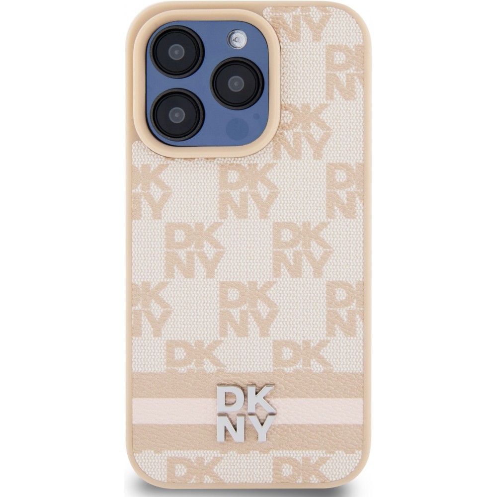 Coque iPhone 15 Pro - DKNY toile similicuir monogramme logo métallique - Rose