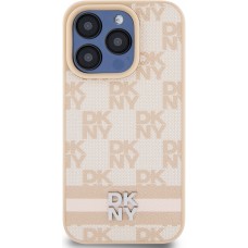 Coque iPhone 15 Pro - DKNY toile similicuir monogramme logo métallique - Rose