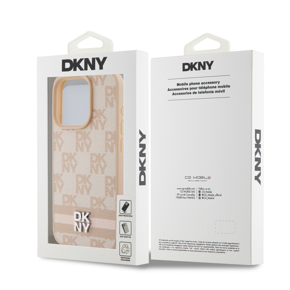 Coque iPhone 15 Pro - DKNY toile similicuir monogramme logo métallique - Rose