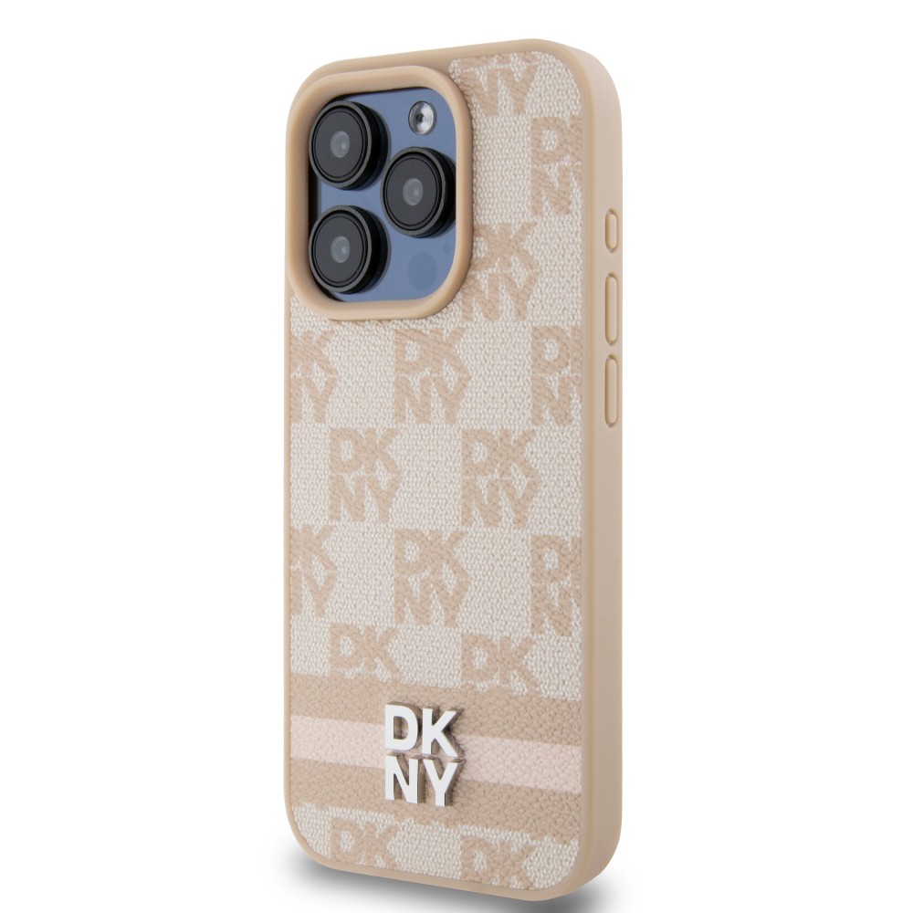 Coque iPhone 15 Pro - DKNY toile similicuir monogramme logo métallique - Rose
