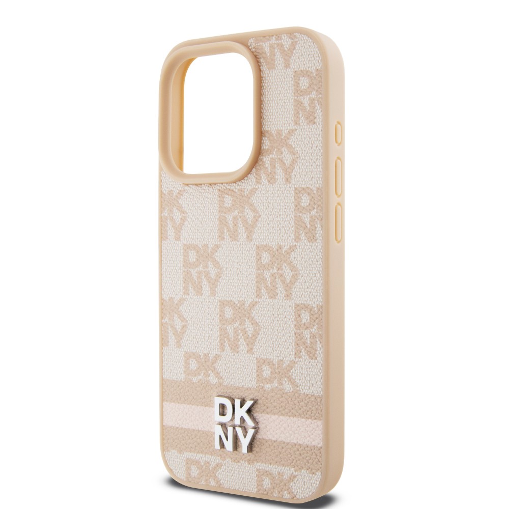 Coque iPhone 15 Pro - DKNY toile similicuir monogramme logo métallique - Rose
