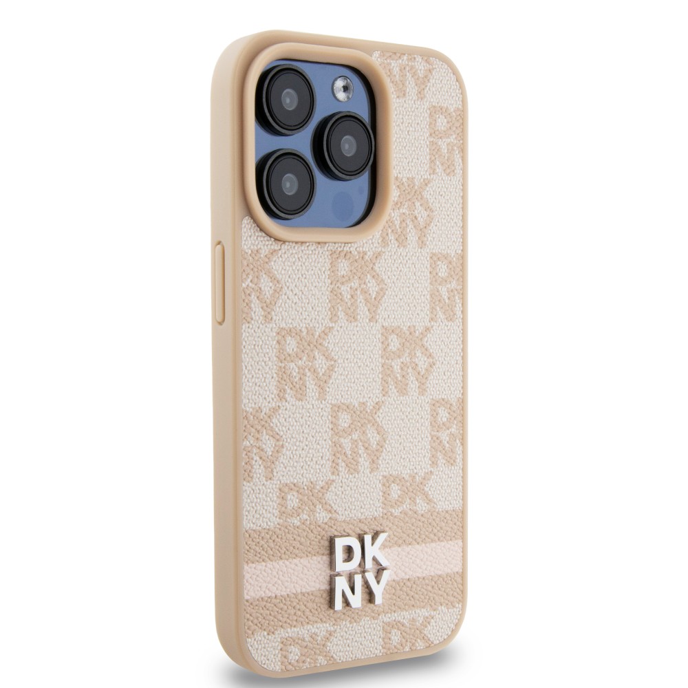 Coque iPhone 15 Pro - DKNY toile similicuir monogramme logo métallique - Rose