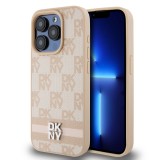 Coque iPhone 15 Pro - DKNY toile similicuir monogramme logo métallique - Rose