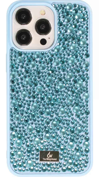 Coque iPhone 15 Pro Max - Diamant strass The Bling World - Bleu clair
