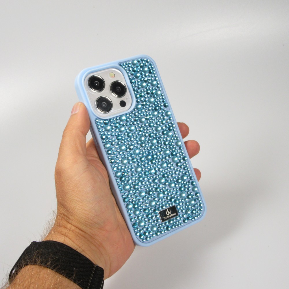 Coque iPhone 15 Pro - Diamant strass The Bling World - Bleu clair