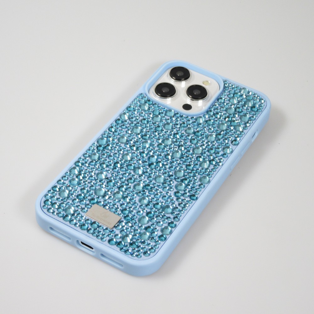 Coque iPhone 15 Pro - Diamant strass The Bling World - Bleu clair