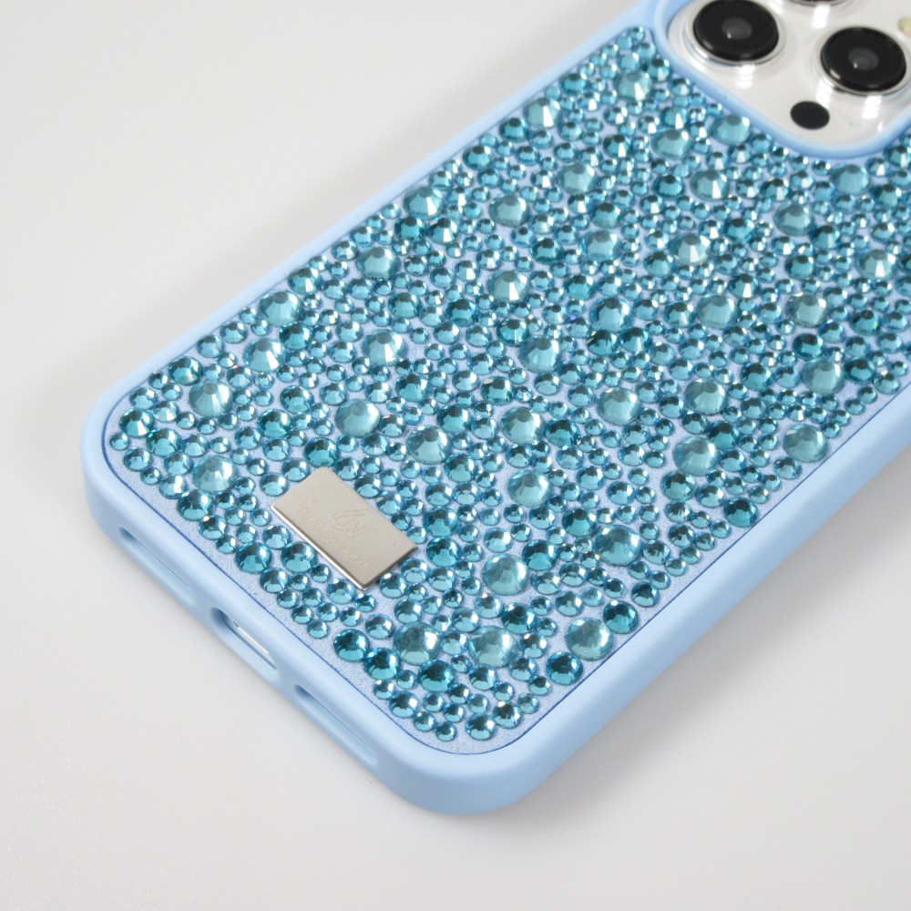 Coque iPhone 15 Pro - Diamant strass The Bling World - Bleu clair