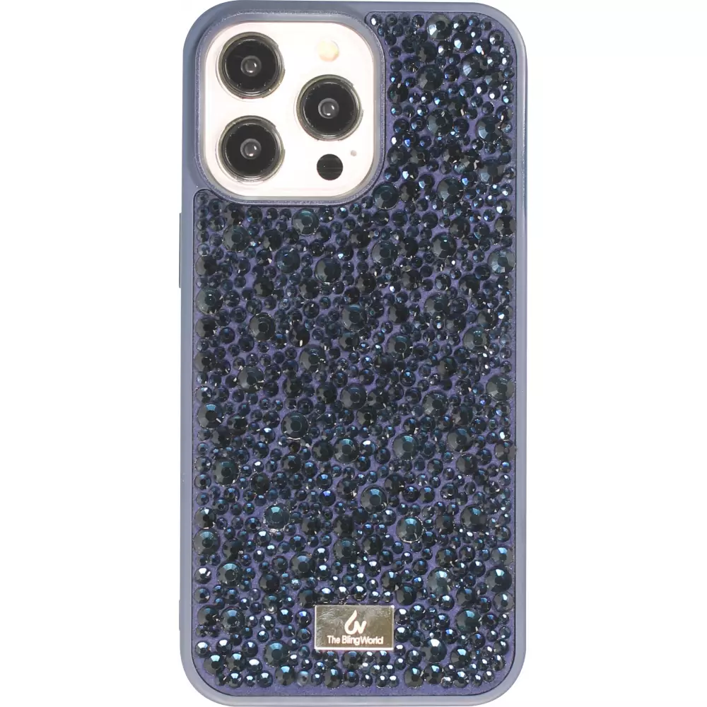 Coque iPhone 15 Pro Max - Diamant strass The Bling World - Bleu foncé