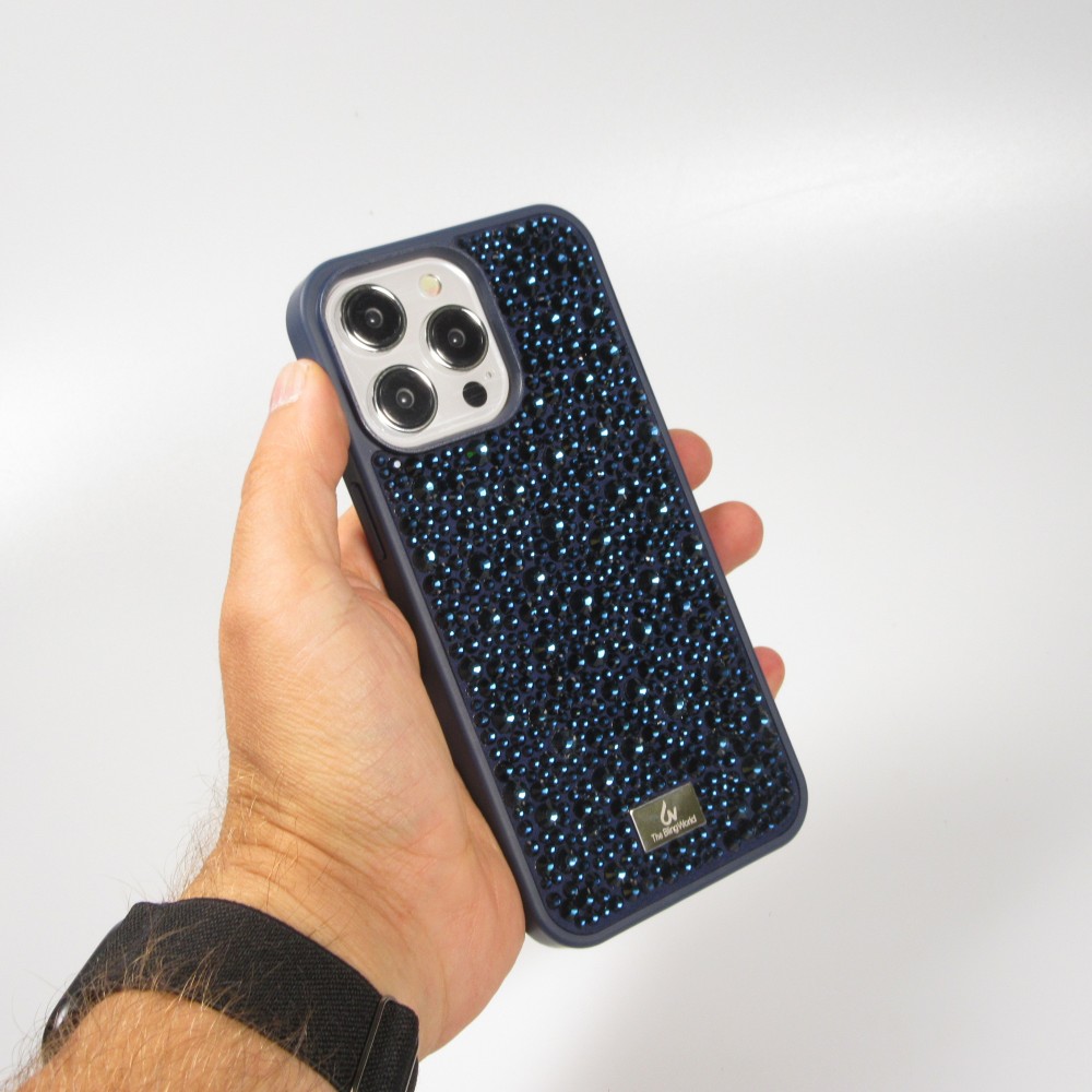 Coque iPhone 15 Pro - Diamant strass The Bling World - Bleu foncé