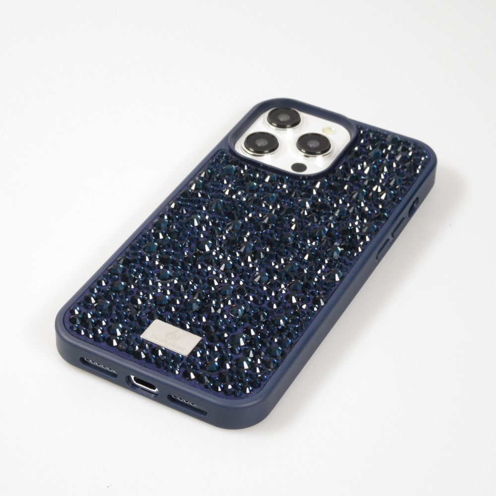 Coque iPhone 15 Pro - Diamant strass The Bling World - Bleu foncé
