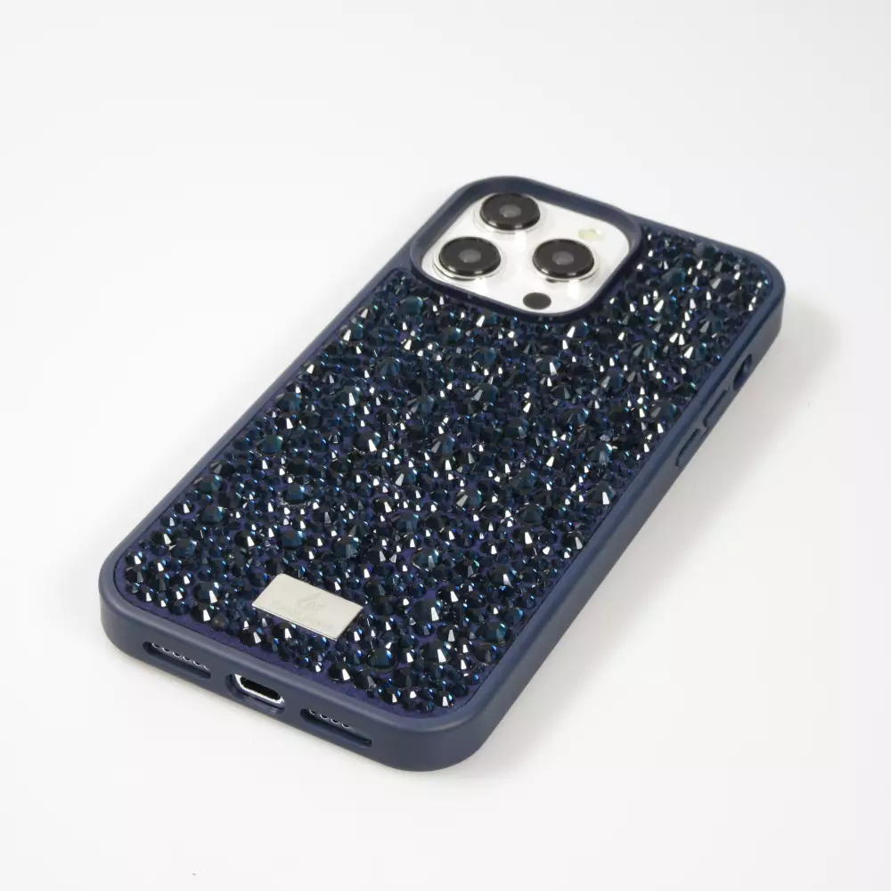 Coque iPhone 15 Pro Max - Diamant strass The Bling World - Bleu foncé