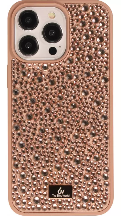 Coque iPhone 15 Pro Max - Diamant strass The Bling World - Or rose