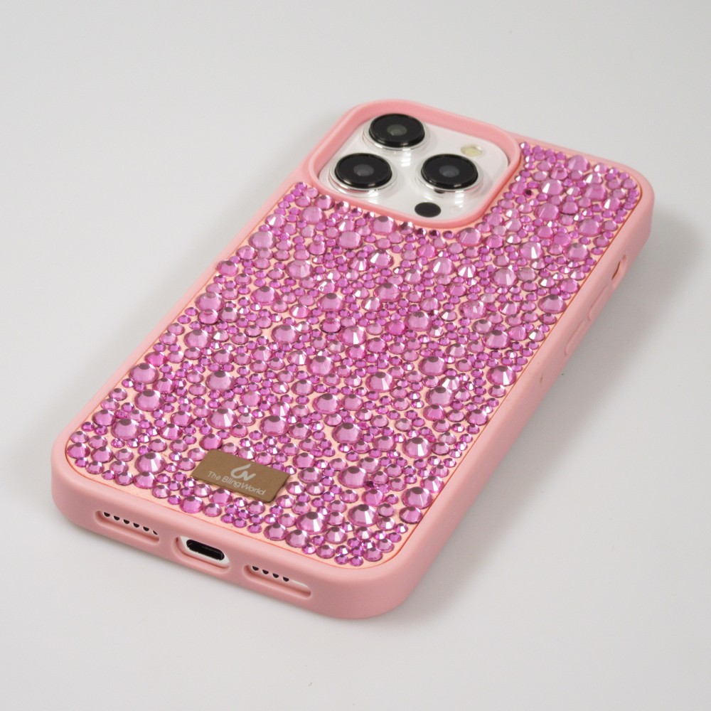 Coque iPhone 15 Pro - Diamant strass The Bling World - Rose
