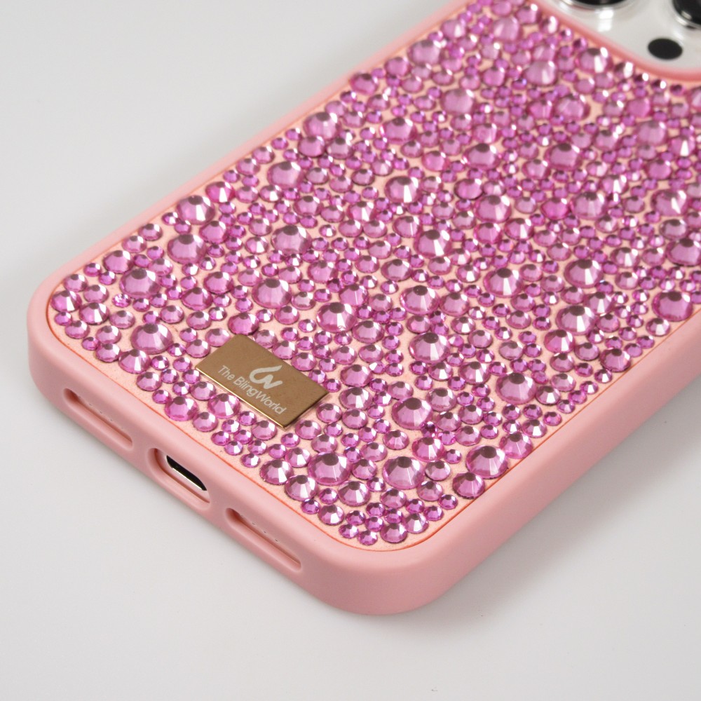Coque iPhone 15 Pro - Diamant strass The Bling World - Rose