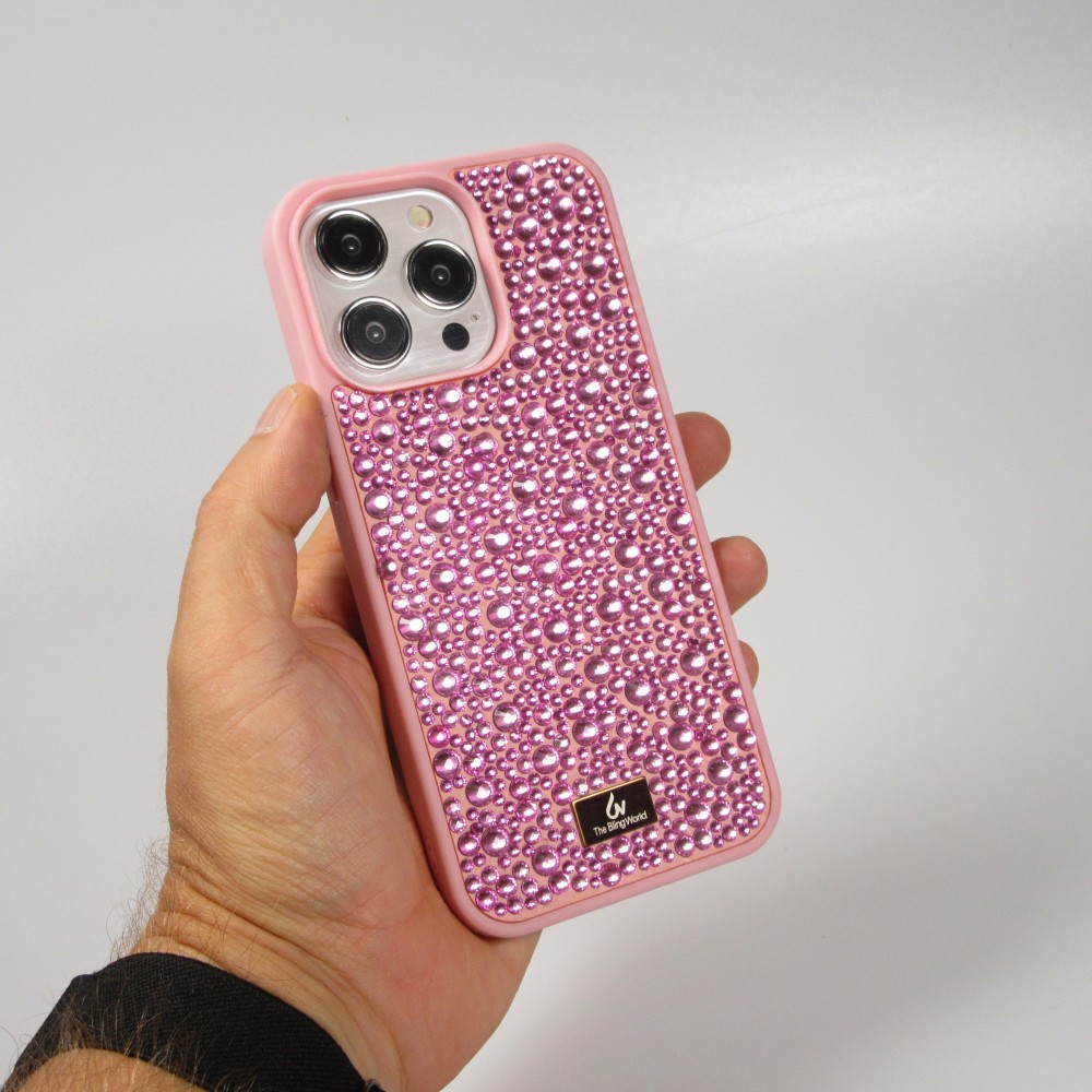 Coque iPhone 15 Pro - Diamant strass The Bling World - Rose