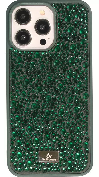 Coque iPhone 15 Pro Max - Diamant strass The Bling World - Vert