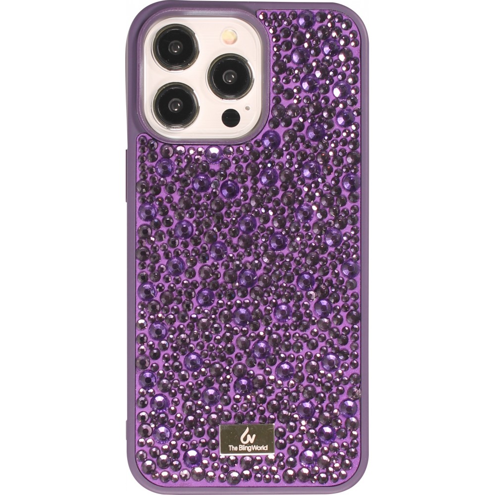 Coque iPhone 15 Pro - Diamant strass The Bling World - Violet