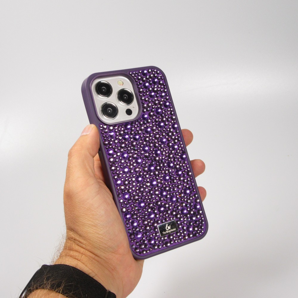 Coque iPhone 15 Pro - Diamant strass The Bling World - Violet