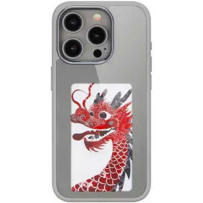 iPhone 15 Pro Case H&uuml;lle - E-Ink Display DIY mit NFC-Technologie f&uuml;r pers&ouml;nlicher Foto-Hintergrund - Grau