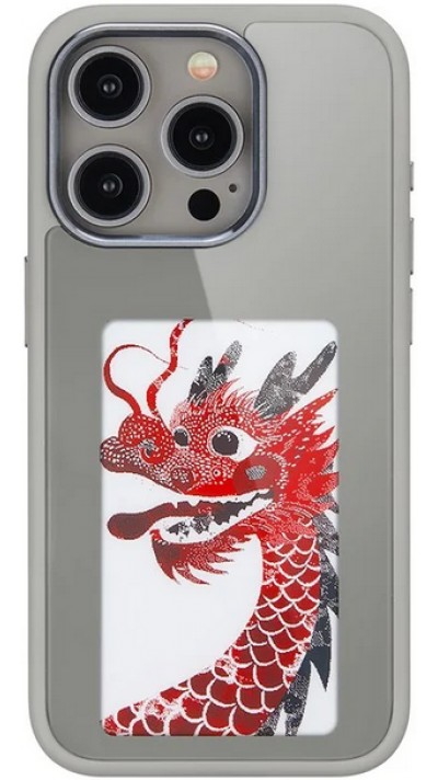 Coque iPhone 15 Pro - E-Ink Display DIY avec technologie NFC pour photo personnalisée - Gris