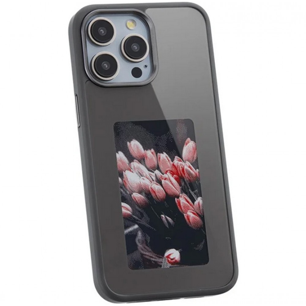 Coque iPhone 16 Pro - E-Ink Display DIY avec technologie NFC pour photo personnalisée - Noir