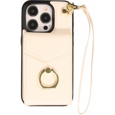 Coque iPhone 15 Pro Max - Etui élégant look cuir DeLuxe avec portefeuille + anneau de support - Blanc