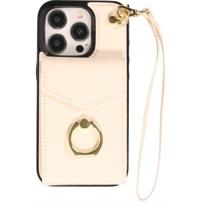 Coque iPhone 15 Pro Max - Etui élégant look cuir DeLuxe avec portefeuille + anneau de support - Blanc