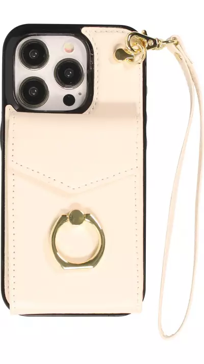 Coque iPhone 15 Pro Max - Etui élégant look cuir DeLuxe avec portefeuille + anneau de support - Blanc